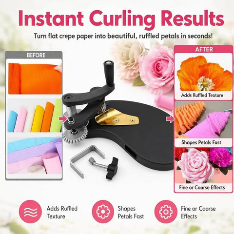 Crepe Paper Curling Tool For Florists And Crafters with wear resistant roller and dual gear crimp for lace textures.