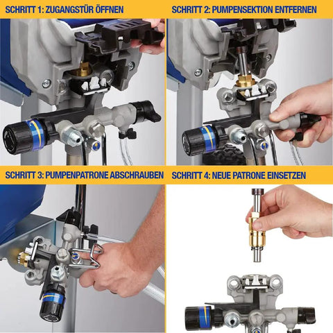 ProXChange Pump Kit For Magnum ProX17 And ProX19 Sprayers showing step-by-step quick modular replacement process visual guide