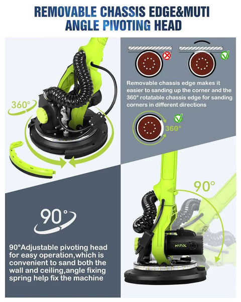 Drywall Sander With Vacuum Dust Collection, 7.2 Amp Copper Motor, shown with removable chassis and pivoting head feature.