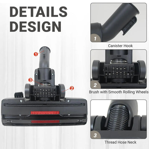 Details of Universal Vacuum Floor Brush Head Fits 32 And 35 Mm Attachments For Hard Floors And Carpet with canister hook.