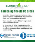 Garden Guru sustainability mission statement on green background, highlighting carbon neutrality and recycled materials.