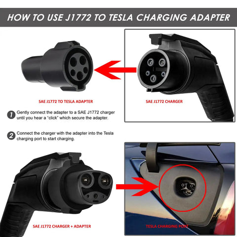 No Stress On The Fly J1772 To Tesla Charging Adapter connecting to SAE J1772 charger and Tesla charging port.