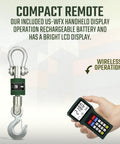 Heavy Duty Digital Crane Scale With Bright Backlit Screen And Secure Pallet Hook For Warehouse Shipping And Construction Weighing Up To 4000 Lb Capacity Built Tough For The Daily Jobsite Grind, featuring compact remote with LCD display.