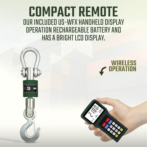 Heavy Duty Digital Crane Scale With Bright Backlit Screen And Secure Pallet Hook For Warehouse Shipping And Construction Weighing Up To 4000 Lb Capacity Built Tough For The Daily Jobsite Grind, featuring compact remote with LCD display.