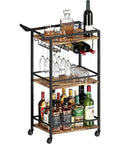 Top Shelf 3 Tier Rolling Bar Cart With Secure Wine Rack And Hassle Free Lockable Wheels, Rustic Brown, 35.4In H with drinks and glasses.