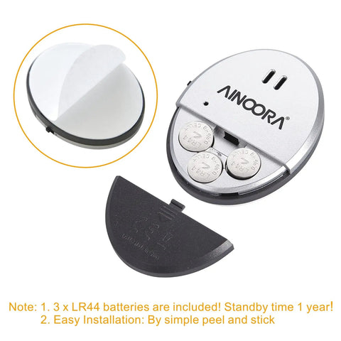 Four Pack Window Alarm Set With 130dB Glass Break Sensor And Vibration Alarm For Homes, Offices, Apartments, And RVs Ultra Slim Easy Install Ideal For Quick Setup And Maximum Deterrence No Wires Needed Instant Alerts, with LR44 batteries and peel-and-stick mount