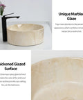 16 Inch Marbled Round Vessel Sink With Pop Up Drain For Bathroom Ceramic Above Counter Countertop Sink Large Dope Modern European Style With Sleek Shine And Rich Marble Look, showing unique marbled glaze and thickened glazed surface, alongside a black faucet in a modern bathroom setup.