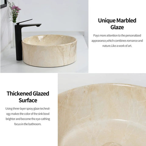 16 Inch Marbled Round Vessel Sink With Pop Up Drain For Bathroom Ceramic Above Counter Countertop Sink Large Dope Modern European Style With Sleek Shine And Rich Marble Look, showing unique marbled glaze and thickened glazed surface, alongside a black faucet in a modern bathroom setup.