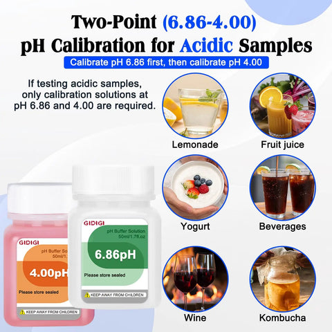 Two bottles of PH Buffer Calibration Kit With Cleaning Solution 4.00 6.86 for acidic samples with images of lemon, yogurt, and beverages.