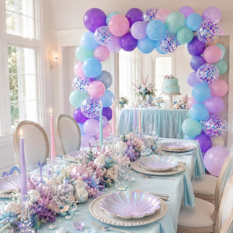 Sea Theme Confetti Balloons Party Kit 50Pcs 12 Inch Iridescent Pink Purple Blue Teal for princess birthday bash decor