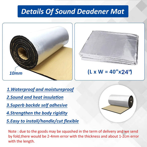 Tough As Nails Car Heat And Sound Deadening Mat Silences Road Rumble And Shields Engine Bay From Scorching Temperatures With Durable Aluminum Foil Backing for 10mm thick rolled mat.