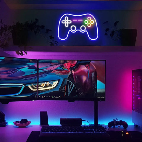 Dope Gamepad Neon Sign For Wall Decor, LED Gaming Neon Light For Your Gamer Room Vibe above dual monitor setup