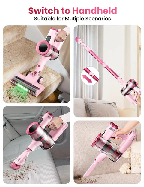 Cordless Stick Vacuum Cleaner With 50KPa Brushless Motor, anti-tangle, LED display in four different cleaning scenarios