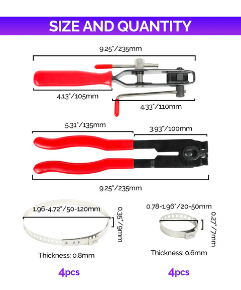 CV Boot Clamp Tool Kit For Cars And Auto Repair Pliers Set With 8pcs sizes and dimensions diagram.