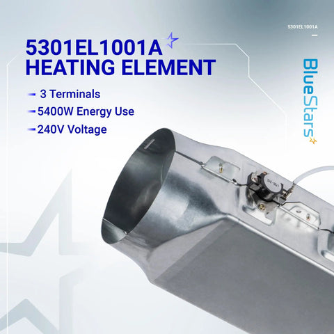 5301EL1001A heating element for electric dryers with 3 terminals, 5400W at 240V. Easy Install Dryer Heating Element Assembly For LG Dryers Replacement 5301EL1001A 5301EL1001J 5301EL1001H Fits Models DLE7177W DLE5977W DLE8377NM DLE2516W DLEX3700W DLE5955W DLE0442W DLE4970W DLE5955G DLE9577SM