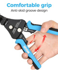 Heavy Duty 3 In 1 All In One Wire Stripper And Cutter For 8 18 AWG Solid And 10 22 AWG Stranded Wire With Adjustable Crimp Tool held in hand