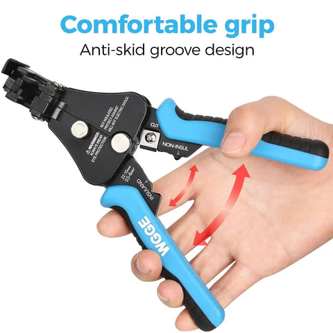 Heavy Duty 3 In 1 All In One Wire Stripper And Cutter For 8 18 AWG Solid And 10 22 AWG Stranded Wire With Adjustable Crimp Tool held in hand