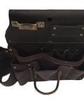 Top view of oil tanned leather drywall tool pouch with hammer loop and 12 pockets, showing heavy duty double stitching.