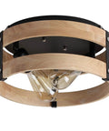 Two Light Modern Farmhouse Flush Mount Ceiling Light With Metal And Wood Round Drum Rustic Ceiling Fixture For Hallway Bedroom Kitchen Or Entryway Light Yellow Wood And Black Accents Easy Install And Durable Design, showing side view with bulbs visible.