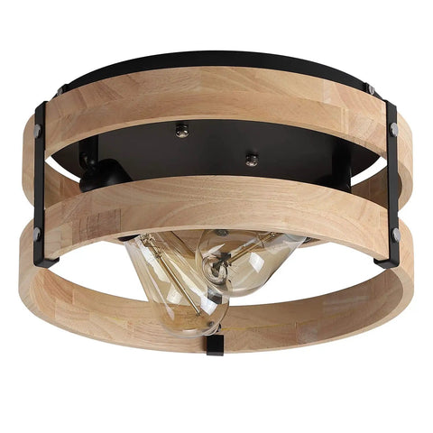 Two Light Modern Farmhouse Flush Mount Ceiling Light With Metal And Wood Round Drum Rustic Ceiling Fixture For Hallway Bedroom Kitchen Or Entryway Light Yellow Wood And Black Accents Easy Install And Durable Design, showing side view with bulbs visible.