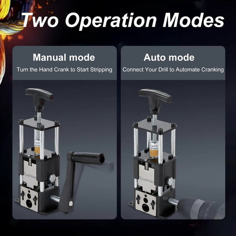 Drill Powered And Manual Two In One Wire Stripping Tool For 0.06 To 1 Inch Wires, shown in manual and auto operation modes.