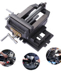 Heavy Duty 6 Inch Cross Slide Vise With X Y Table Mount For Drill Press And Metal Milling Applications Featuring Rock Solid Steel Jaws and Quick Swap Removable Inserts mounted on a workbench.