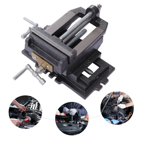 Heavy Duty 6 Inch Cross Slide Vise With X Y Table Mount For Drill Press And Metal Milling Applications Featuring Rock Solid Steel Jaws and Quick Swap Removable Inserts mounted on a workbench.