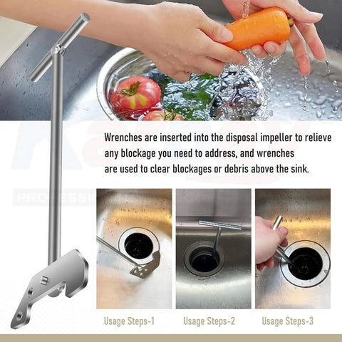 Universal Garbage Disposal Unjamming Wrench WRN00 clearing drain blockages in home kitchen sink with impeller tool usage steps shown