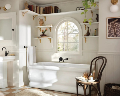 Bathroom with Colinet Traditional 24 Inch Single Towel Bar Matte Black next to bathtub, window view.