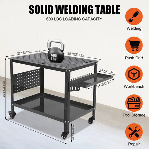 Hella Sturdy Rolling Steel Welding Table 36 By 24 Inches With Heavy Duty Casters Features Double Layer Storage Rack And Plenty Of Gear Space Handles 1200 Pounds No Sweat Hauling It To Your Favorite Home Garage Setup, featuring a solid black frame and tool storage.