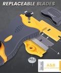 Close-up of All In One Razor Blade Scraper Tool Set 2 Piece with replacement blades, showing metal body and replaceable blade feature.