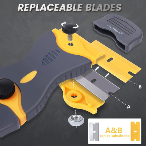 Close-up of All In One Razor Blade Scraper Tool Set 2 Piece with replacement blades, showing metal body and replaceable blade feature.