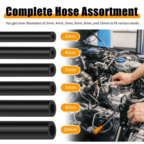 Heavy Duty 6Pc Vacuum Hose Kit With Cutter! Get These Multi Size Silicone Lines For Car Air And Water Transport. Perfect Swap Out For Engine Cooling Or Rads Without Breaking A Sweat. Universal Fit For All Standard Rides, Keeping Your Ride Running Smooth. 6 silicone hoses, 3mm to 10mm, for engine vacuum and cooling