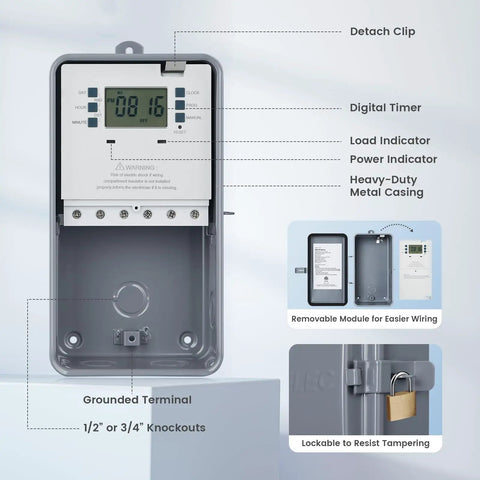 Heavy Duty 40 Amp Digital Pool Timer With 7 Day Programmable Schedule For Swimming Filters Hot Water Tanks And Spa Controls with metal casing and digital display.