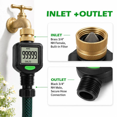 Water Flow Meter For RV With Brass Inlet And 180 Degree Rotating LCD Display Measures Gallon And Liter With Five Percent Accuracy Compatible With Three Quarter Inch Garden Hose Fittings Heavy Duty Brass Construction, brass 3/4" inlet