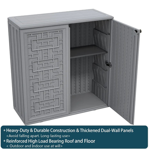 Beefy Outdoor Storage Cabinet With Doors And Shelf Grey Weatherproof HDPE Resin Box for Patio Garden 34x15x36 Inches open view