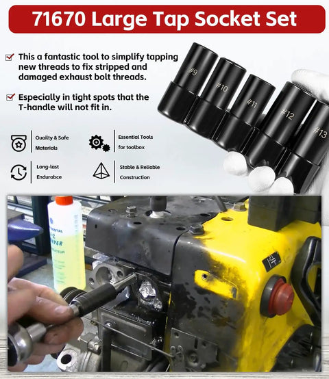 Image showing the 71670 Large Tap Socket Set, part of the 5-Piece Tap Socket Set For Large Taps 5/8 In, 11/16 In, 3/4 In, 7/8 In And 1 In With 1/2 In Drive Tap Socket Adapters For M C T I Standard Taps, Heavy Duty Wrench Set For Quick Thread Repairs being used on machinery, demonstrating its use in tight spaces for threading.