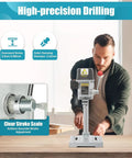 A Smooth Operator Benchtop Drill Press Designed to Handle Any Project Without Breaking a Sweat Delivers Up to 16000 RPM With Its 340 Watt Motor Featuring Three Adjustable Speeds and a Built Laser Sight for Spot On Accuracy mounted on a wood tabletop.