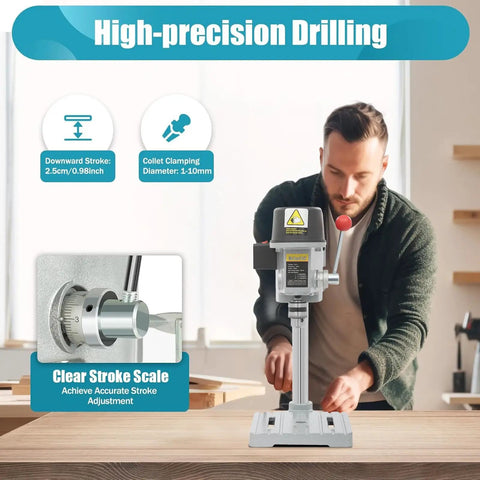 A Smooth Operator Benchtop Drill Press Designed to Handle Any Project Without Breaking a Sweat Delivers Up to 16000 RPM With Its 340 Watt Motor Featuring Three Adjustable Speeds and a Built Laser Sight for Spot On Accuracy mounted on a wood tabletop.