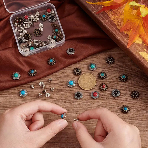 Close-up of hands assembling decorative 40 Piece Coin Screw Rivets And Decorative Buckles Featuring Eight Killer Sunflower Castings.