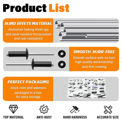 16 Size Black Aluminum Blind Rivet Kit With Stainless Steel Washers Pack Of 120 Pop Rivets and washers with packaging overview