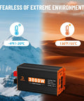 Beast 3000W Power Inverter 12V DC To 110V AC, temperature ranges from -20°C to 55°C, suitable for extreme environments.