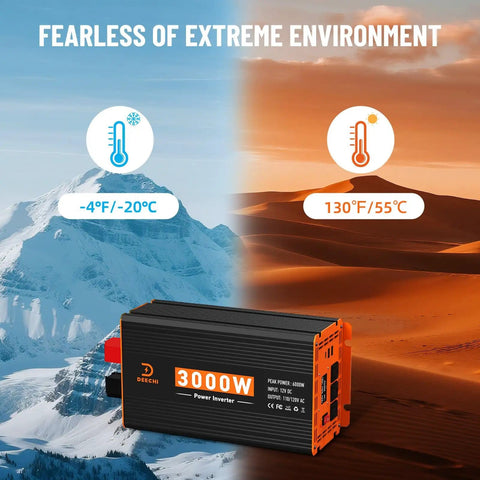 Beast 3000W Power Inverter 12V DC To 110V AC, temperature ranges from -20°C to 55°C, suitable for extreme environments.