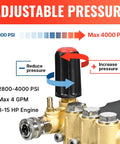 Adjustable pressure knob on Horizontal Triplex Plunger Pressure Washer Pump 1 Inch Shaft 4000 PSI Three Point Five GPM Heavy Duty