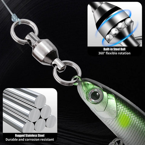 Stainless Steel Ball Bearing Swivels With Split Rings For Saltwater Surf Fishing, 6 Ball Bearings, Nickel Plated Exterior, Anti Rust Durable Tackle Gear For Smooth High Speed Line, Reducing Friction On Fights on fish lure rig