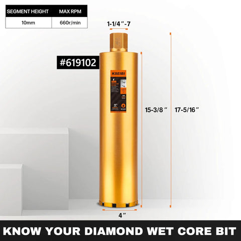 Pro Grade Wet Concrete Core Drill Bit, 4 Inch Diamond Hole Saw For Drilling Concrete And Masonry, 16 Inch Depth, Gold Cylinder