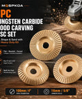 Beefy Tungsten Carbide Wood Carving Discs Set for 4 inch and 4.5 inch grinders, showcasing flat, beveled, curved surfaces