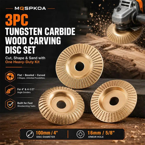 Beefy Tungsten Carbide Wood Carving Discs Set for 4 inch and 4.5 inch grinders, showcasing flat, beveled, curved surfaces