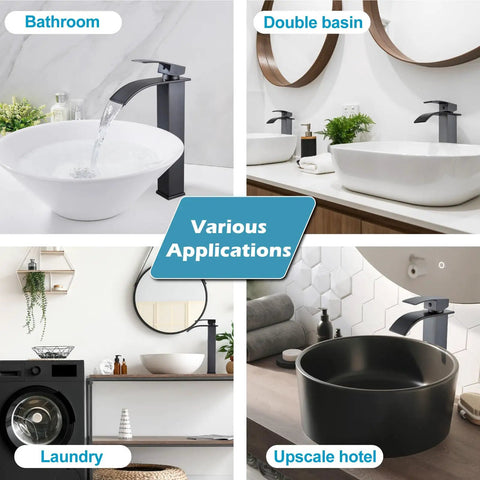 Vessel Sink Waterfall Tall Bathroom Faucet, Modern Vanity With Single Handle, 1 Hole Installation, oil rubbed bronze, in various settings