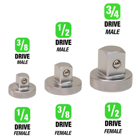 Low Profile Socket Adapter Set, Three-Piece Kit Converts Ratchets To 1/4 Inch, 3/8 Inch And 1/2 Inch Drives, Built For Tight Spaces And Handy Auto Repairs On The Go. Image of three metal adapters with drive size labels.